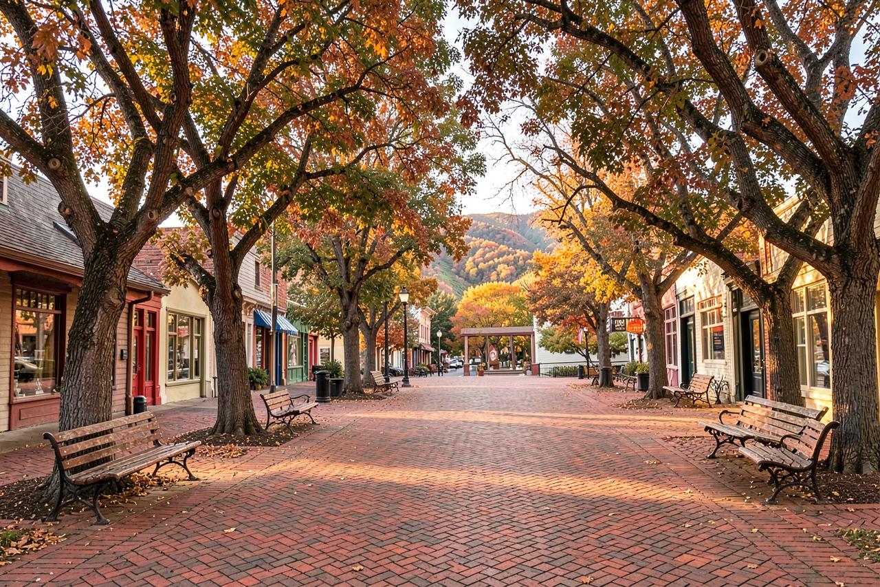 A small foothill town square with old brick buildings, benches and shade trees