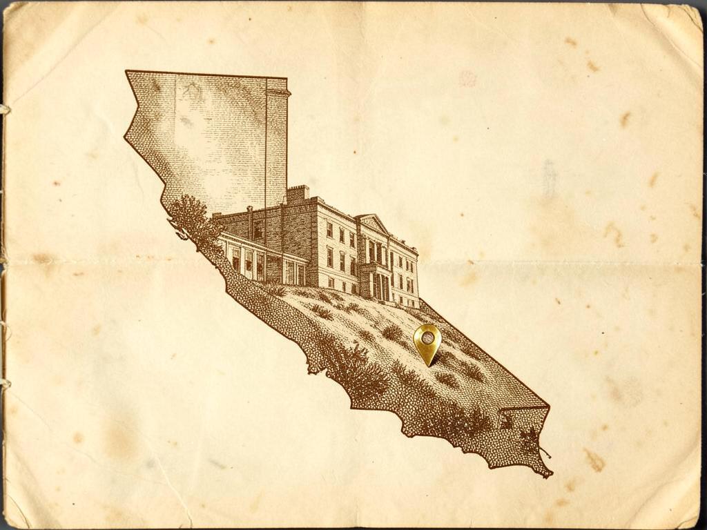 Illustrated antique-style map of California inside the United States with a gold marker on Preston Castle above Ione