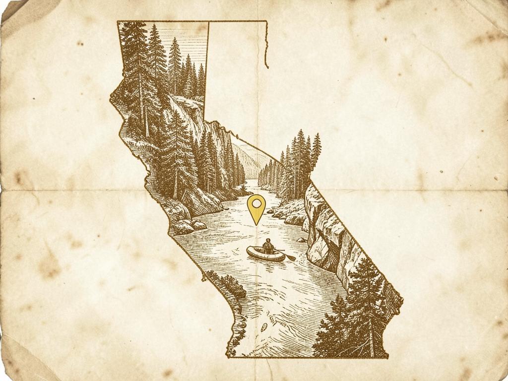 Illustrated antique-style map of California inside the United States with a gold marker on the Stanislaus River rafting country below Arnold