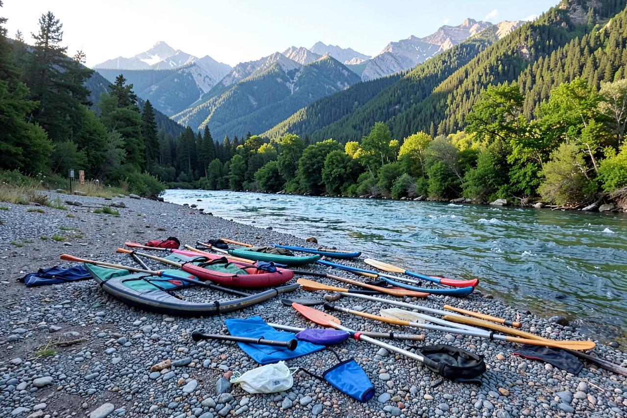Rafts and paddles laid out on a gravel river bar beside green water before a trip