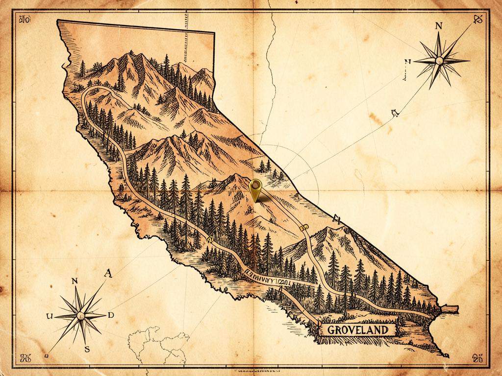 Illustrated antique-style map of California inside the United States with a gold marker on Rainbow Pool east of Groveland on Highway 120