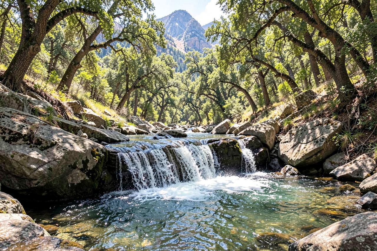 A short waterfall spilling over a granite lip into a clear river pool in summer sunlight