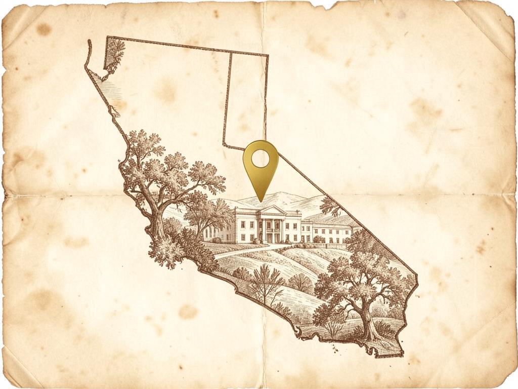 Illustrated antique-style map of California inside the United States with a gold marker on San Andreas in the Gold Country
