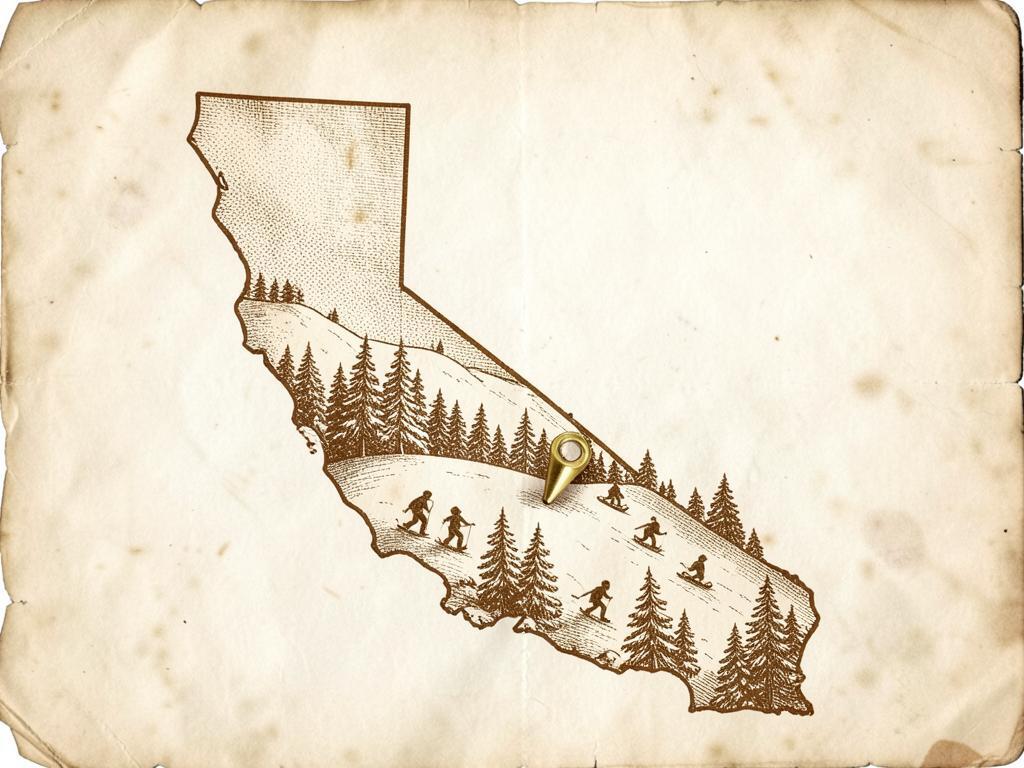Illustrated antique-style map of California inside the United States with a gold marker on the snow country above Arnold