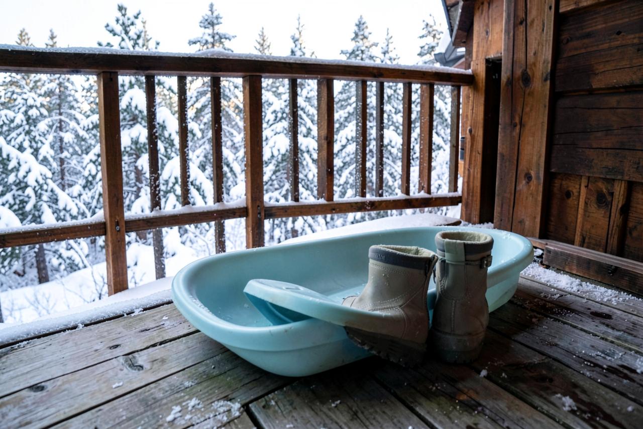 A plastic sled and snow boots resting on a snowy cabin deck with snowy pines beyond