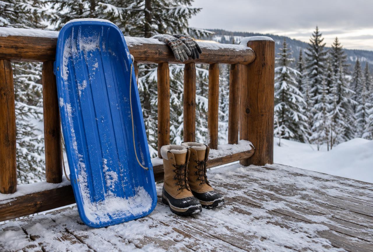 A blue plastic sled leaning on a cabin deck rail beside snow boots and gloves, with snowy pines beyond