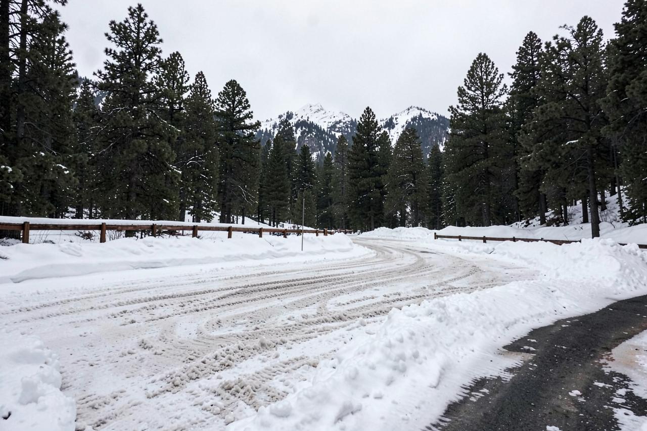 A plowed snow-play parking area beside a Sierra forest road, deep snow and a timber rail fence