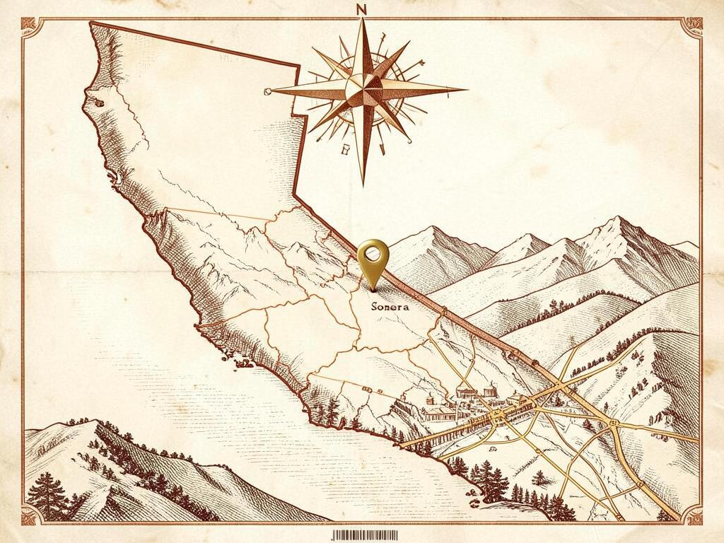 Illustrated antique-style map of California inside the United States with a gold marker on the town of Sonora in the Sierra Nevada foothills, with engraved oak hills, a gold-rush main street and converging highways