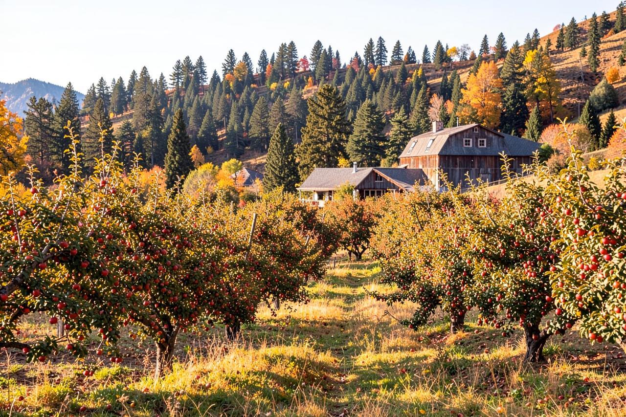 Rows of laden apple trees on a hillside orchard with a wooden cider barn in autumn