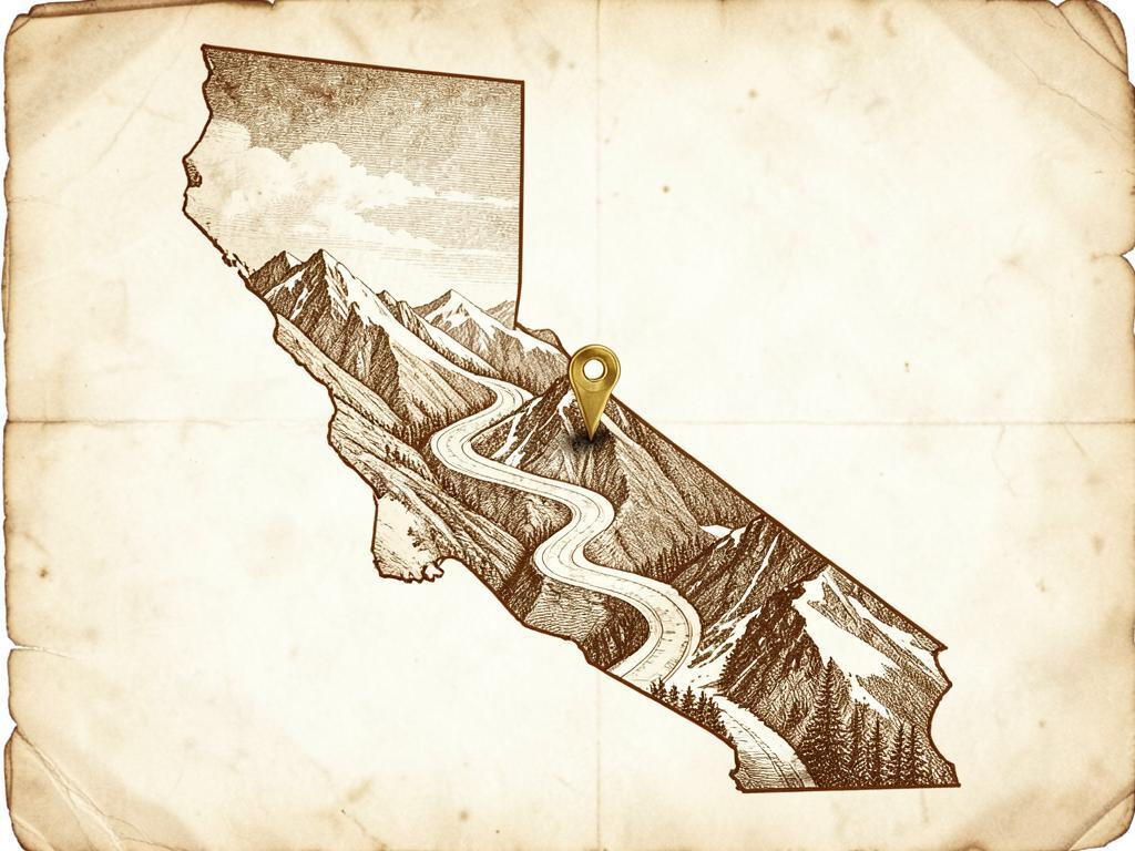 Illustrated antique-style map of California inside the United States with a gold marker on Sonora Pass on the Sierra crest, with engraved bare granite peaks and a steep switchback highway
