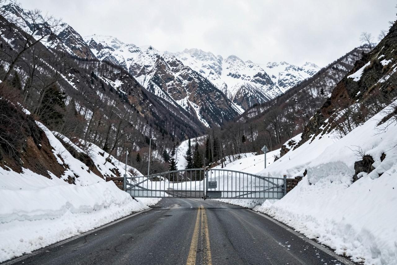 A mountain highway gate closed for winter with deep snow beyond it