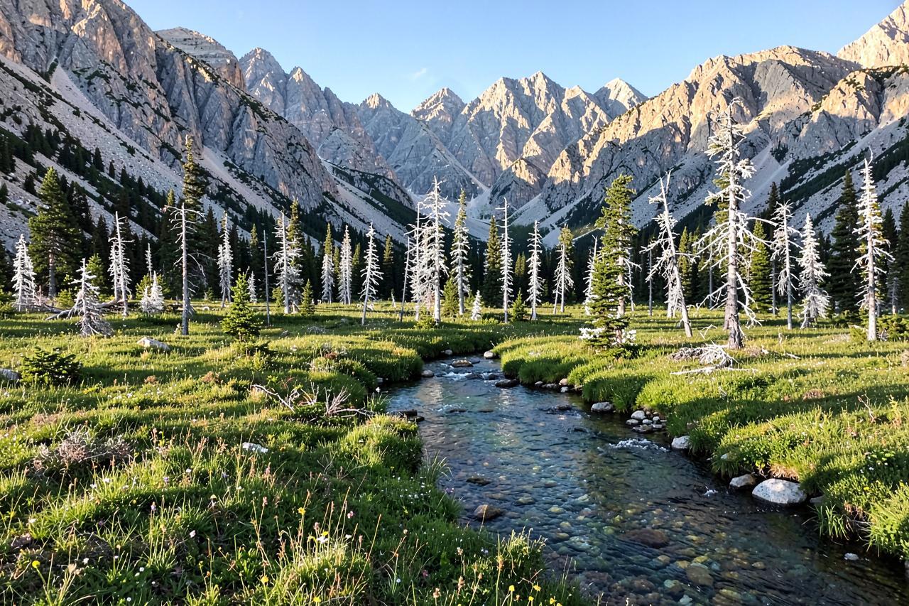 A high alpine meadow and clear creek among whitebark pines near Sonora Pass