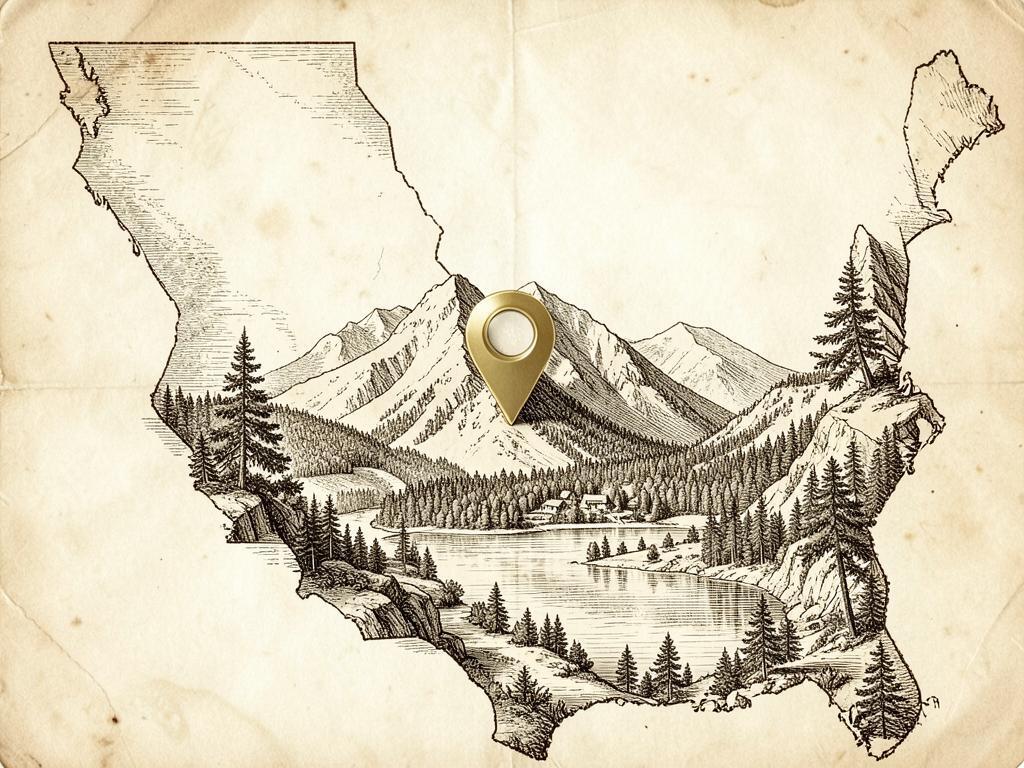 Illustrated antique-style map of California inside the United States with a gold marker on Strawberry on the Highway 108 corridor, with an engraved river hamlet, pines and a mountain highway