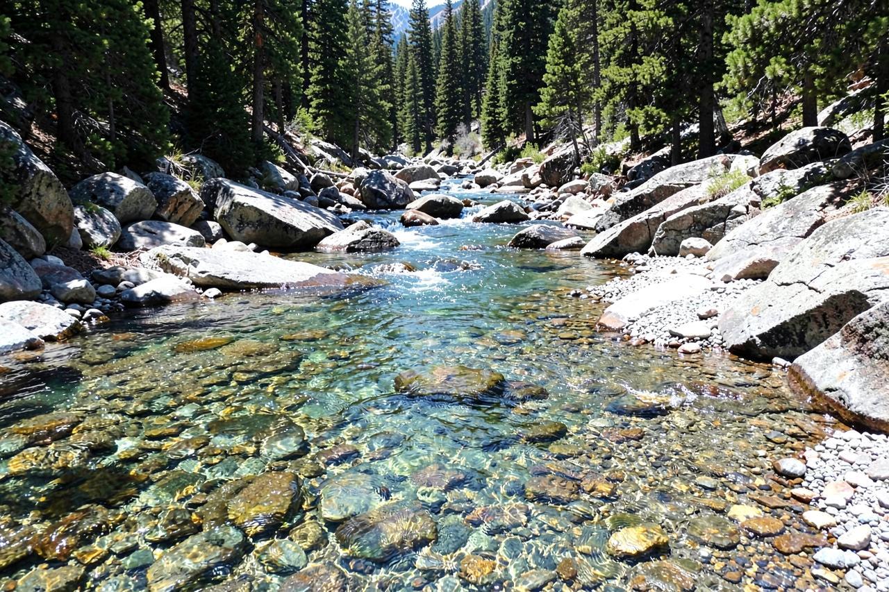 The shallow, clear South Fork Stanislaus running over boulders through pines at Strawberry