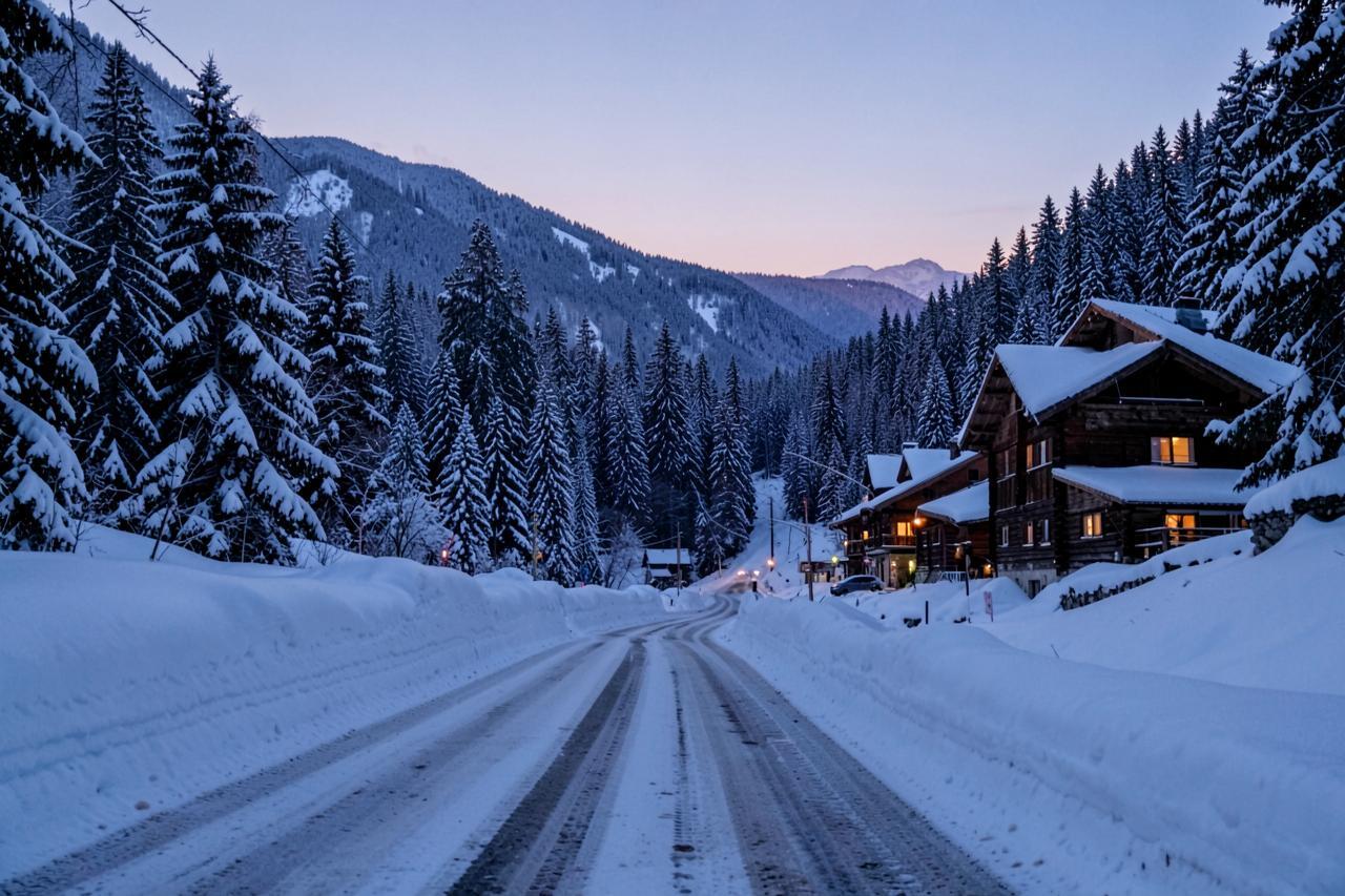 Highway 108 plowed between deep snow banks at Strawberry in midwinter