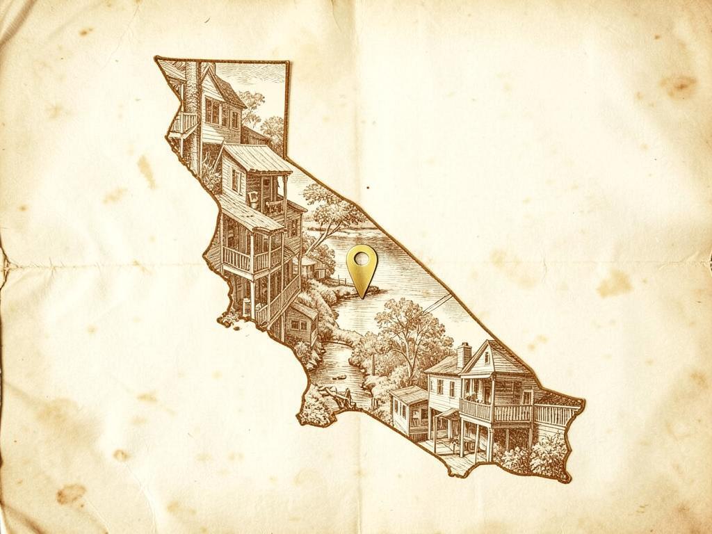 Illustrated antique-style map of California inside the United States with a gold marker on Sutter Creek in Amador County