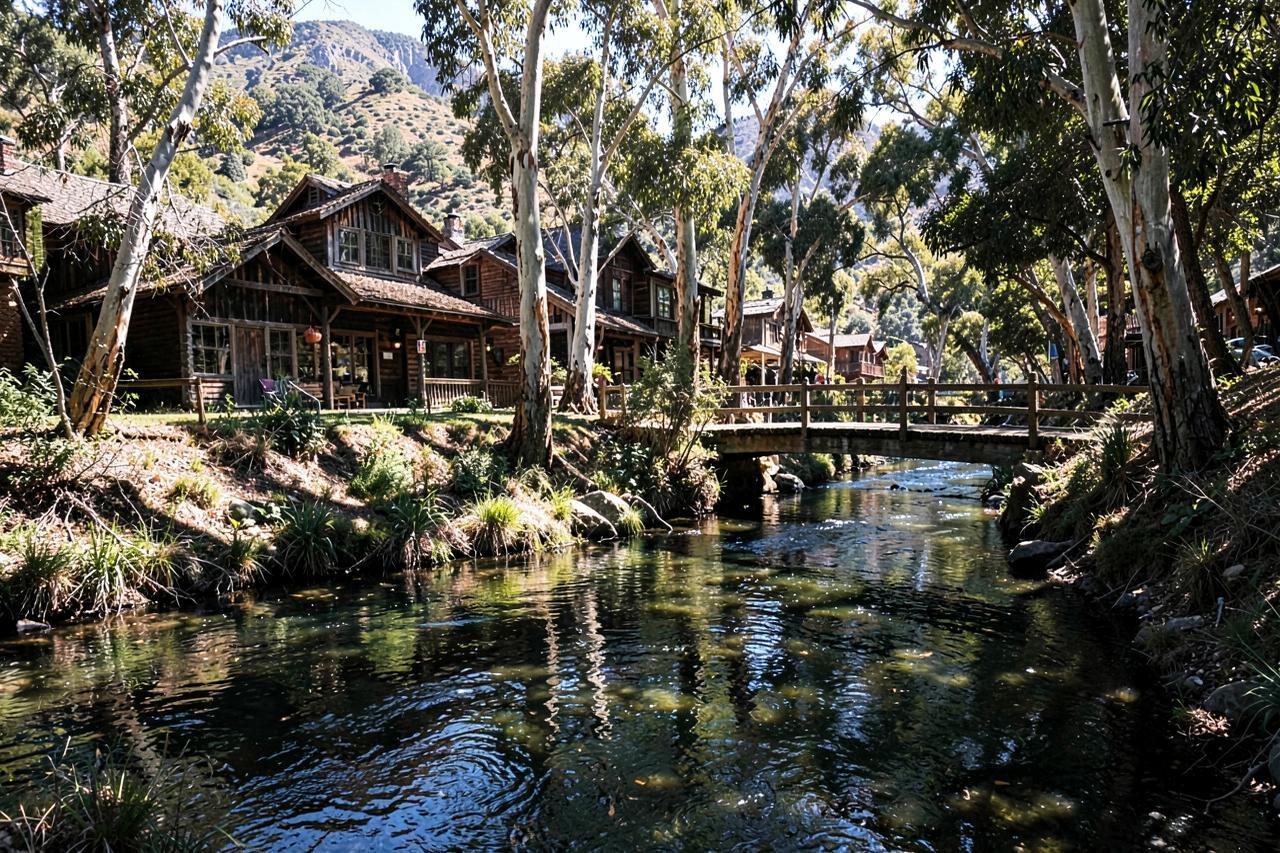 A shaded creek and small footbridge running behind old timber buildings