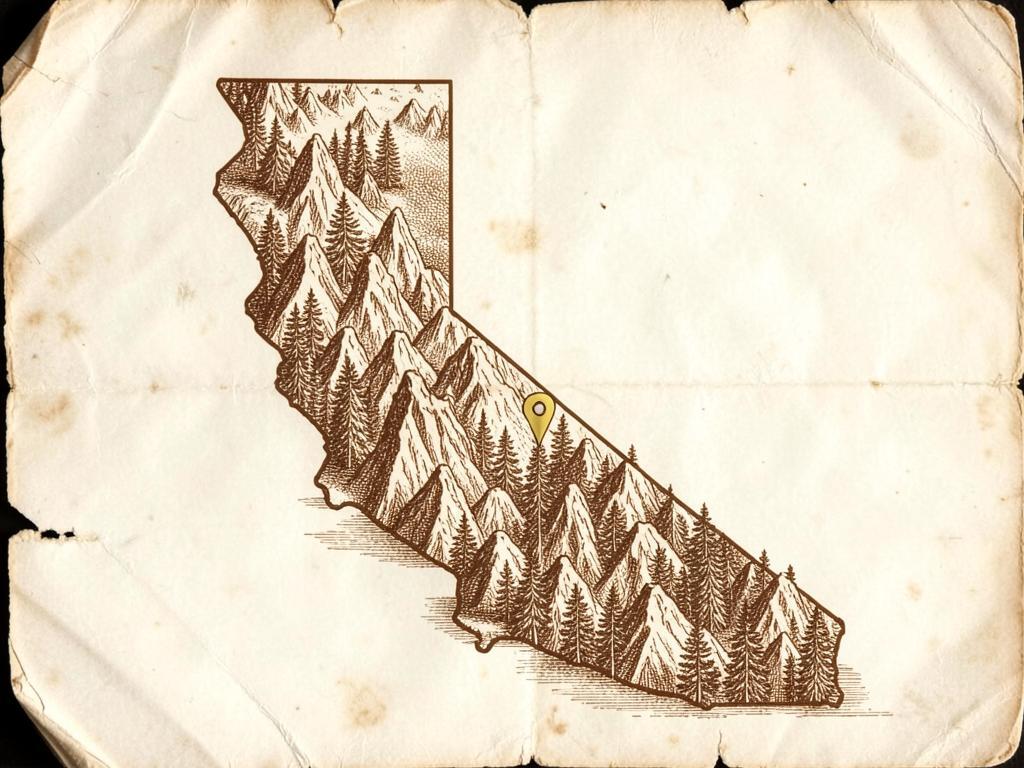 Illustrated antique-style map of California inside the United States with a gold marker on the Trail of the Gargoyles above Strawberry, with engraved volcanic rock towers on a forested canyon rim