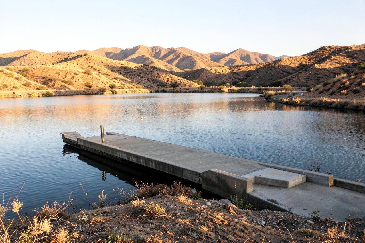 A concrete boat ramp and empty dock on a foothill reservoir in early morning light