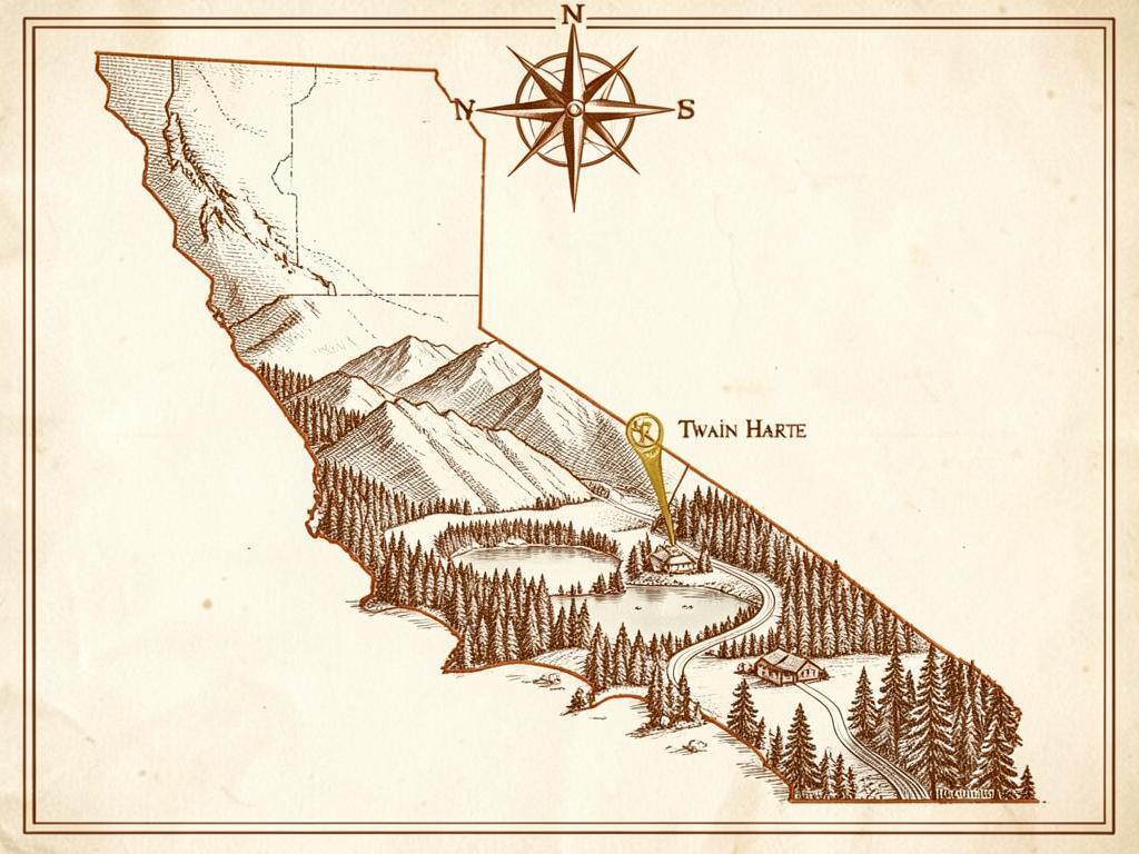 Illustrated antique-style map of California inside the United States with a gold marker on Twain Harte in the Tuolumne County pine belt, with an engraved village, forest lake and a highway climbing east