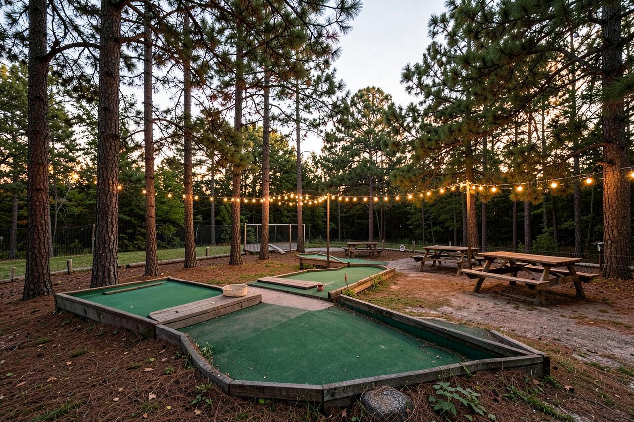 A retro mini golf course under tall pines with string lights and picnic tables at dusk
