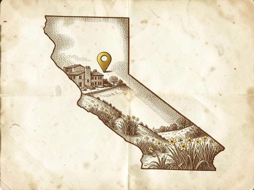 Illustrated antique-style map of California inside the United States with a gold marker on Volcano in Amador County