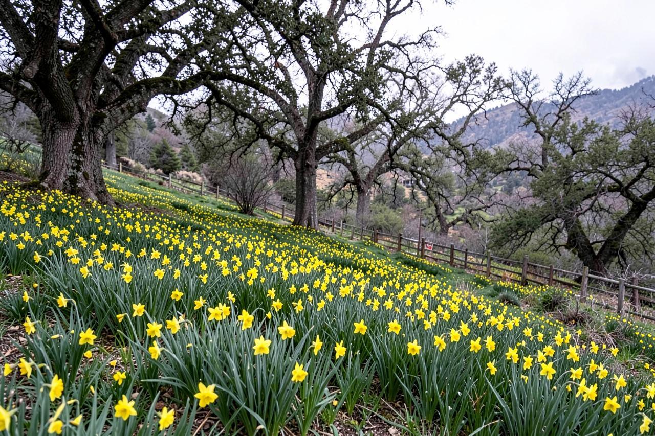 A hillside of blooming yellow daffodils under bare old oaks behind a split-rail fence