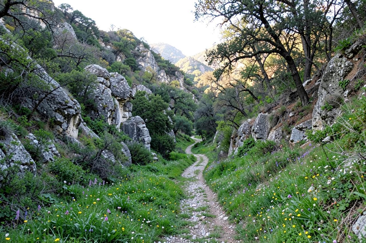 A green limestone valley with rock outcrops, oaks and a narrow track in spring