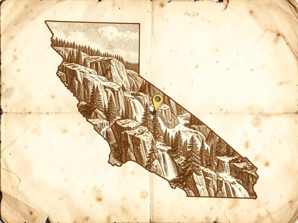 Illustrated antique-style map of California inside the United States with a gold marker on the Highway 120 approach to Yosemite