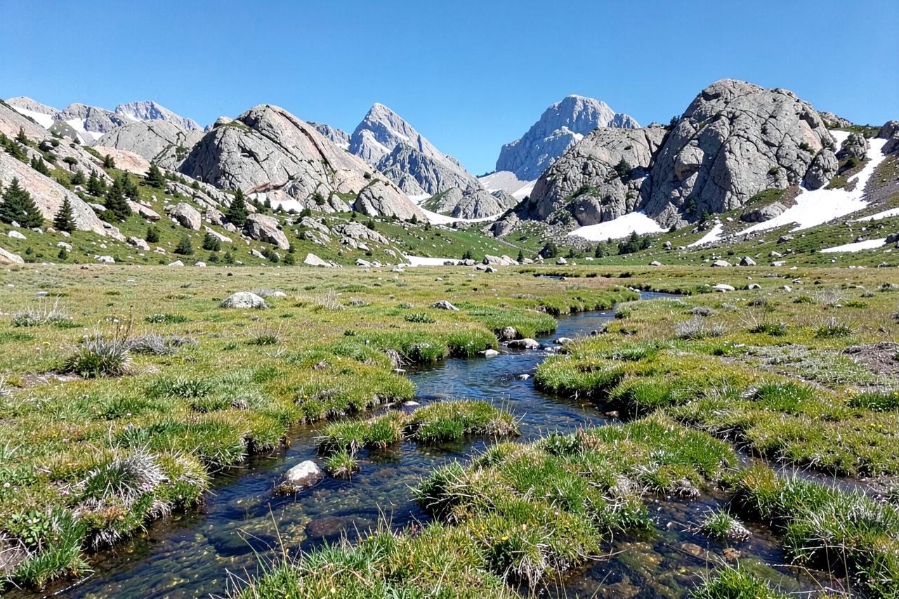 A high alpine meadow with a winding river below granite domes and scattered pines