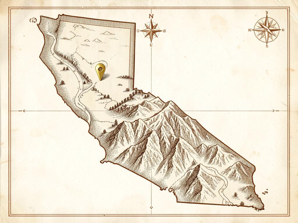 Illustrated antique-style map of California inside the United States with a gold marker on the western edge of Yosemite National Park, with engraved granite domes, deep canyons and a winding park road