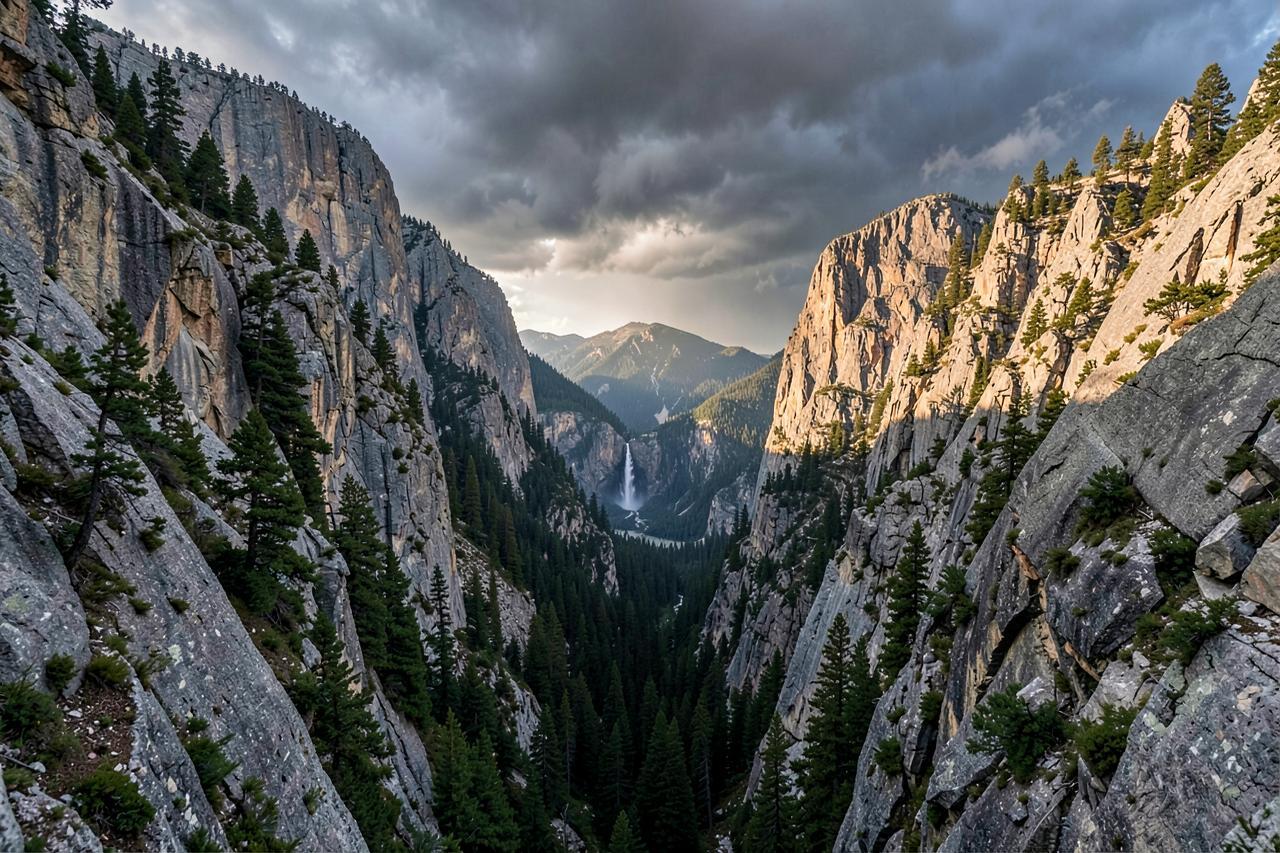 A granite valley of sheer cliffs and pine forest with a distant waterfall under a clearing storm