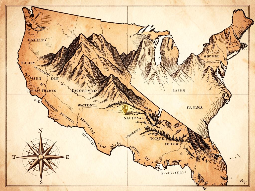 Illustrated antique-style map of California inside the United States with a gold marker on Yosemite National Park and its gateway towns